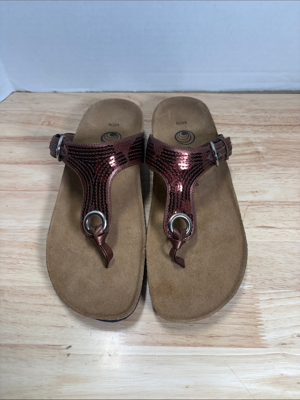 Women's Metallic Copper T-Strap Comfort Sandals with Adjustable Buckle